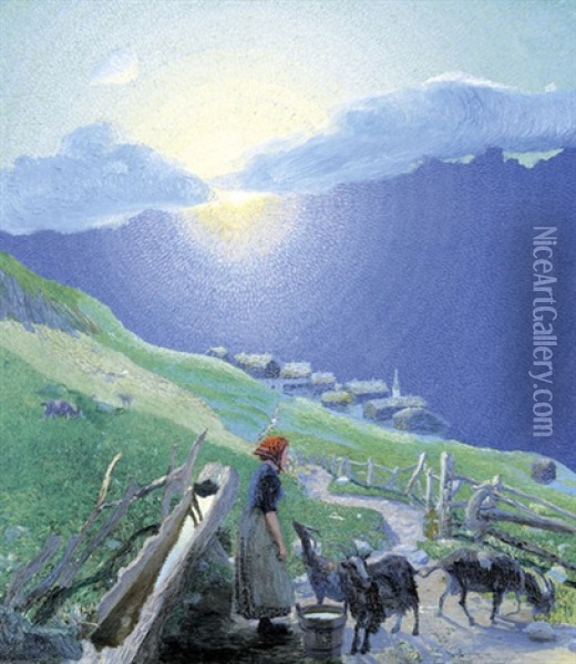 Hirtin Mit Ziegen Auf Der Alp Bei Aufgehender Sonne Oil Painting - Waldemar Theophil Fink