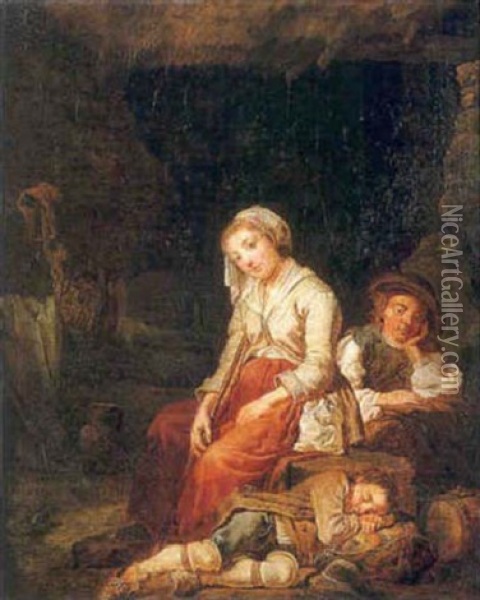 Une Paysanne Et Ses Deux Enfants Se Reposant Oil Painting - Martin Droelling
