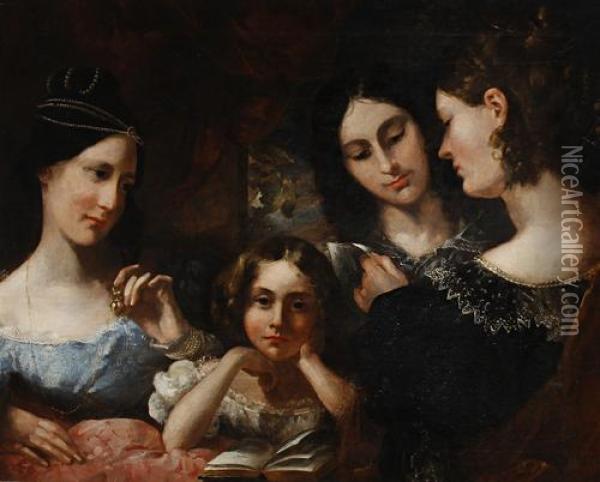 Portrait Of Four Girls Said To Be Laura, Octavia, Rosamond And Emily Barker Oil Painting - Lucette E. Barker