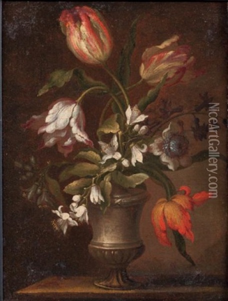 Jetee De Fleurs Dans Des Vases Medicis Sur Un Entablement, (2 Works) Oil Painting - Nicola Casissa