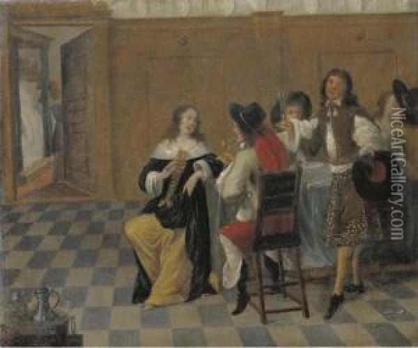 Merry Company Drinking In An Interior Oil Painting - Dirck Hals