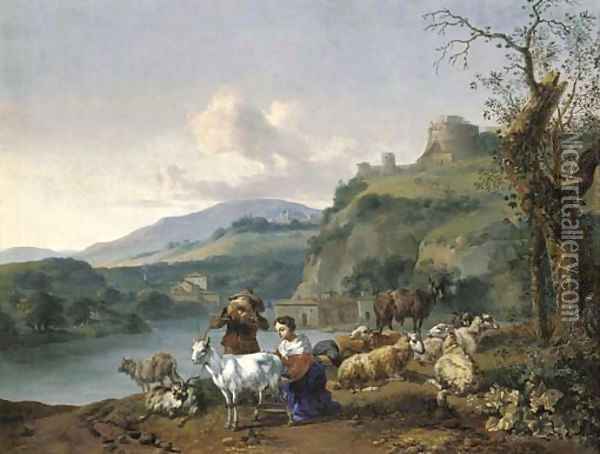 An Italianate river landscape with a shepherd and a shepherdess with their flock, a village beyond beneath a hill with the Mausoleum of Hadrian Oil Painting - Hendrik Mommers