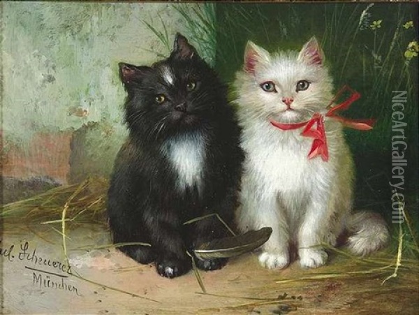Zwei Katzchen Oil Painting - Julius Scheuerer