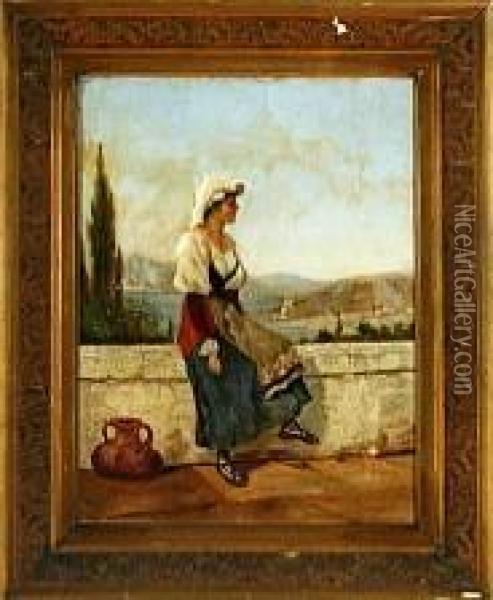 An Italian Woman Is Sitting On A Viaduct Oil Painting - Niels Bredal