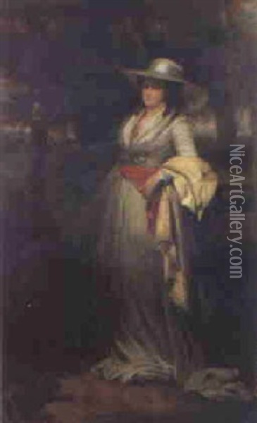 Portrait Of A Lady, Standing Full-length, In A Landscape Oil Painting - Tilly Kettle