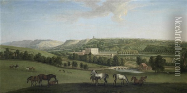 A View Of Chatsworth House And Park From The South-west With Horses And Figures In The Foreground Oil Painting - Peter Tillemans