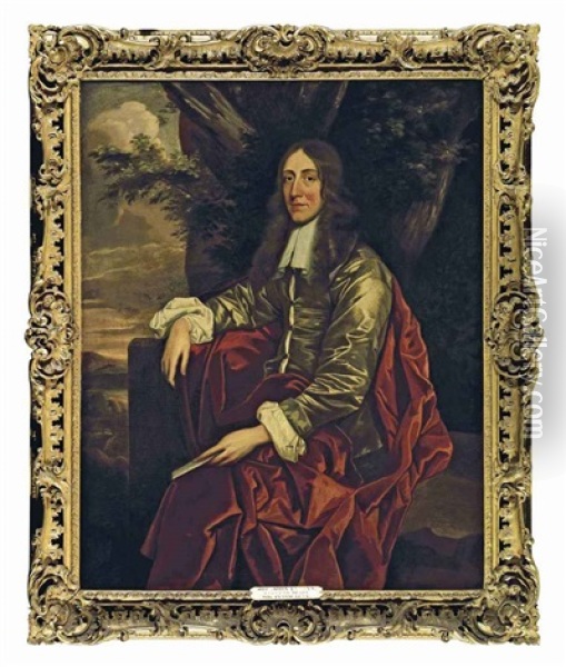 Portrait Of A Gentleman (john Evelyn?) Diarist And Writer In A Brown Satin Coat And A Red Cloak Holding A Letter, Seated In A Landscape Oil Painting - John Hayls