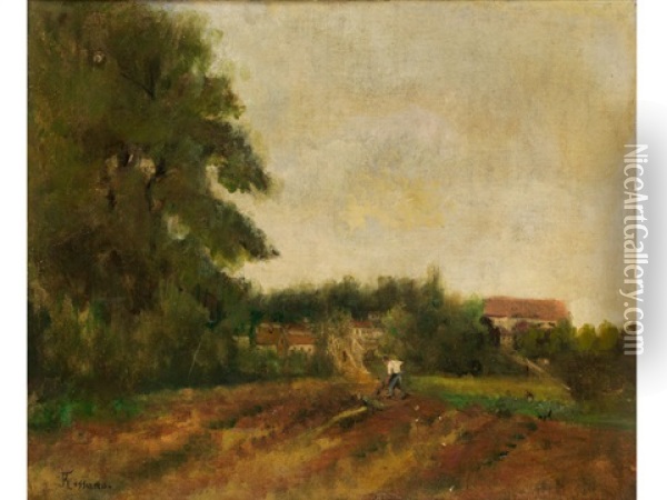 Baumlandschaft Mit Einem Landarbeiter Vor Einer Hausergruppe Im Hintergrund Oil Painting - Federico Rossano