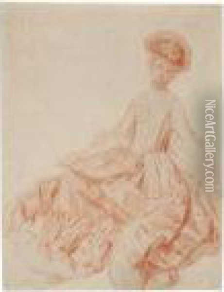 Portrait Of A Seated Woman In Elegant Dress Oil Painting - Watteau, Jean Antoine
