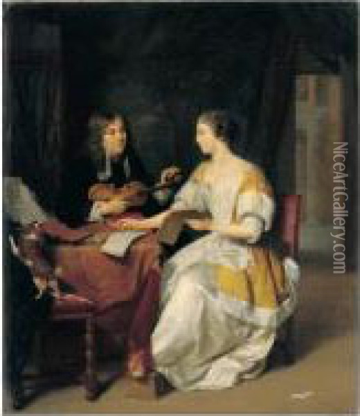 Interior Scene With A Couple 
Seated At A Table, The Man Tuning A Violin And The Woman Holding A 
Recorder And Music Score Oil Painting - Jan Verkolje