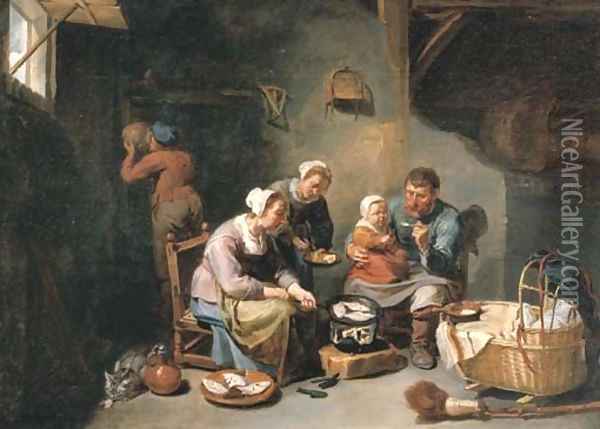 A peasant family frying fish in an interior Oil Painting - Willem van, the Elder Herp