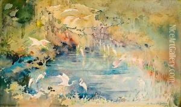 Snowy Egrets Deep In The Swamp Oil Painting - Alice Ravenel Huger Smith