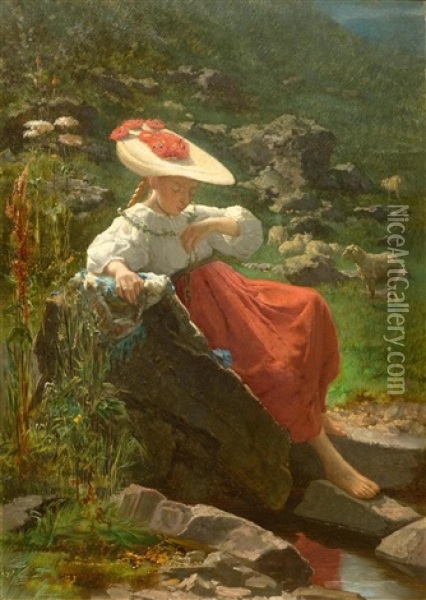 Young Flower Girl By The Water Oil Painting - Theodore Gerard