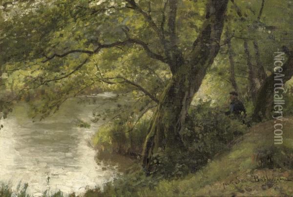 Fishing Near A Woodland Stream Oil Painting - Julius Jacobus Van De Sande Bakhuyzen
