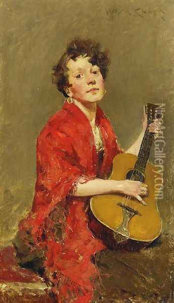 Girl With Guitar Oil Painting - William Merritt Chase