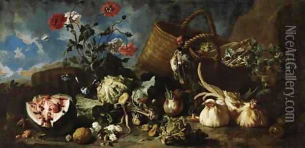 Flowers Fruit and Poultry 1707 Oil Painting - Franz Werner von Tamm