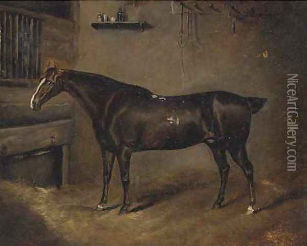 A dark brown horse in a stable Oil Painting - English School