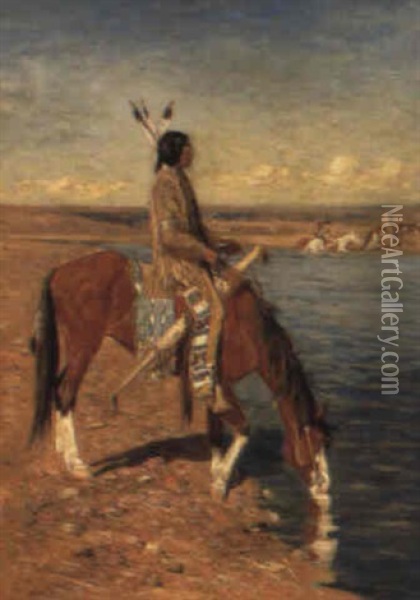 Indian On Horseback In A Desert Landscape Oil Painting - Gaspard Latoix