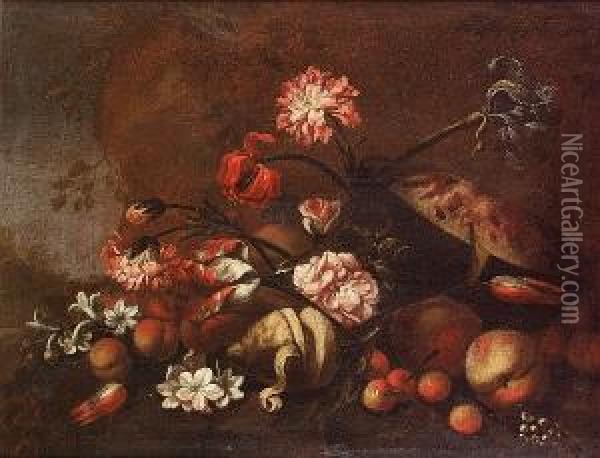 Peaches, A Melon, A Lemon And 
Other Fruit With Tulips, An Iris, Chyrsanthemums And Other Flowers In A 
Landscape; And Peaches With Narcissi, Tulips, Chrysanthemums And Other 
Flowers In A Landscape Oil Painting - Giovanni Battista Ruoppolo