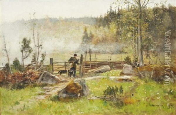 Jagare Med Hundar I Landskap Oil Painting - Olof Hermelin
