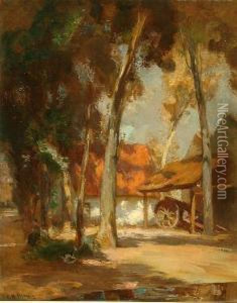 A Sunlit Farmyard With A Figure At Rest Under Trees Oil Painting - Charles Hodge Mackie