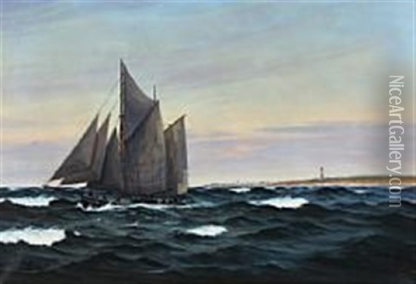 A Sailing Ship Off The Coast Of Hirtshals Light Tower Oil Painting - Emanuel A. Petersen