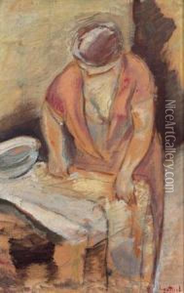 A Girl Working Oil Painting - Leopold Ahrendts