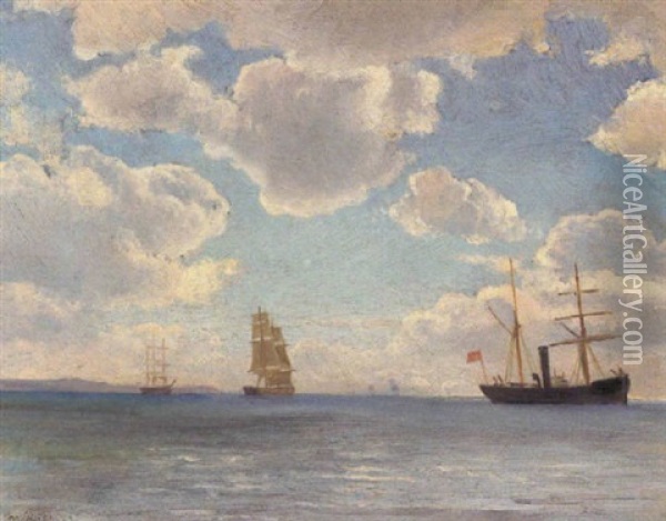 Marine Med Sejlskibe Og Fyrskib Oil Painting - Christian Blache