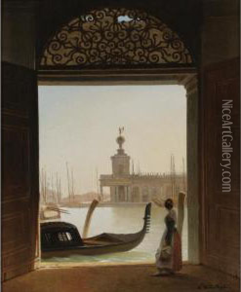 Venice, A View Of The Dogana Seen Through A Large Doorway Oil Painting - Charles Auguste van den Berghe