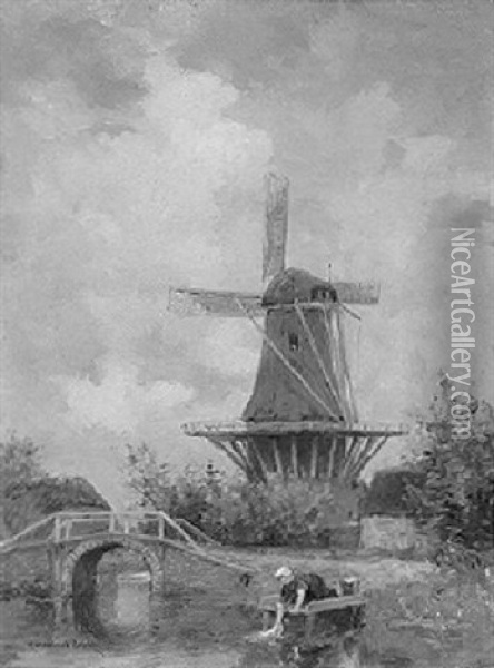 A Peasant Woman Washing By A Windmill Oil Painting - David Adolf Constant Artz