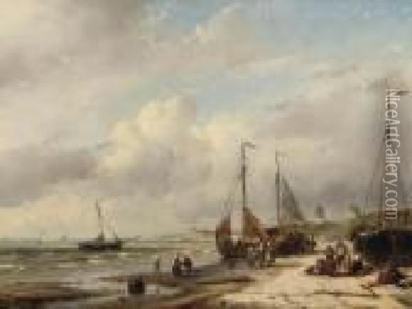 Fisherfolk And 'bomschuiten' On The Dutch Coast Oil Painting - Andreas Schelfhout