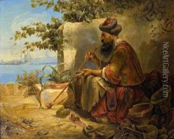 Sitzender Turke, Pfeife Rauchend, Im Hintergrund Das Goldene Horn Oil Painting - Joseph Petzl