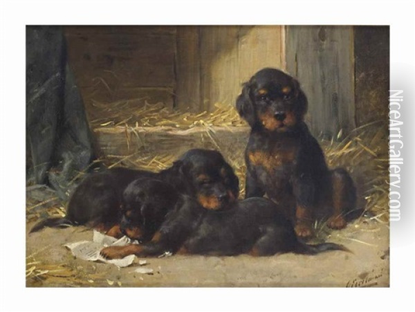 Gordon Setters Puppies Oil Painting - Otto Eerelman