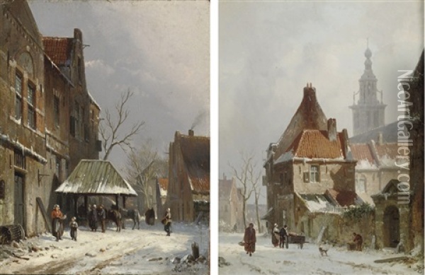 Horses In A Dutch Street In Winter; A Capriccio View Of Breda In Winter With A Church Beyond Oil Painting - Adrianus Eversen