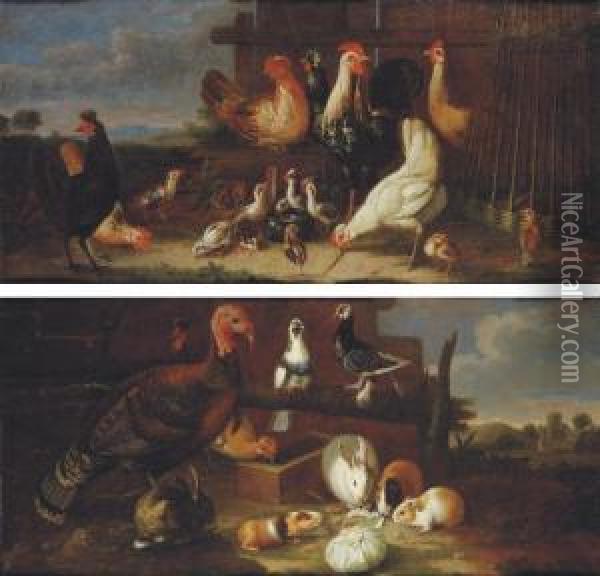 Cockerels, Hens And Quails In A 
Farmyard; And Rabbits, Guinea Pigs, A Hen, A Cockerel, A Turkey And A 
Pair Of Doves In A Farmyard Oil Painting - David de Coninck