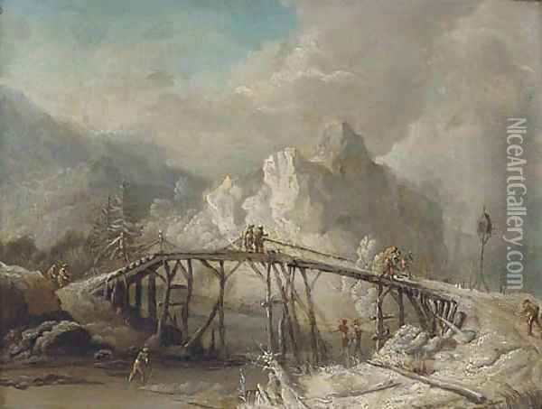 A winter landscape with travellers crossing a bridge Oil Painting - Johann Christian Vollerdt or Vollaert