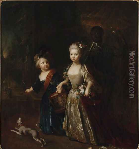 Crown Prince Frederick II with his sister Wilhelmine, 1714 Oil Painting - Antoine Pesne