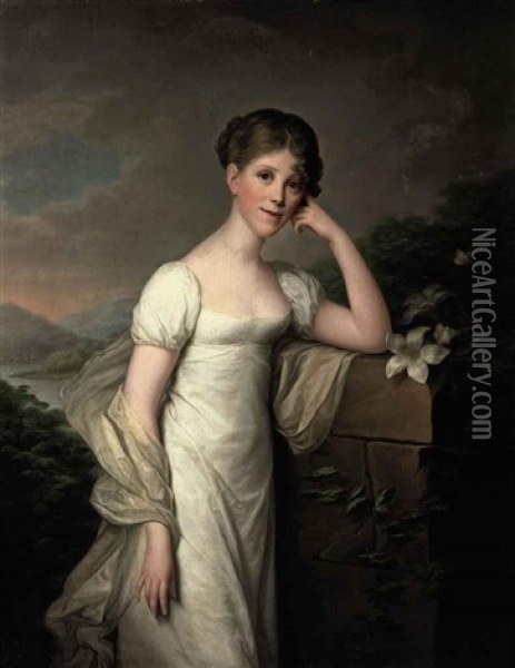 Portrait Of Sophie Caroline Von Berger, Nee Grafin Krag-juel-vind-fries In A White Dress And A Silk Wrap, Standing In A Landscape, Leaning On A Pedestal With Lilies Oil Painting - Friedrich Carl Groeger