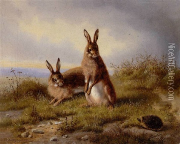 Zwei Kaninchen Und Ein Igel Oil Painting - Carl Oswald Rostosky