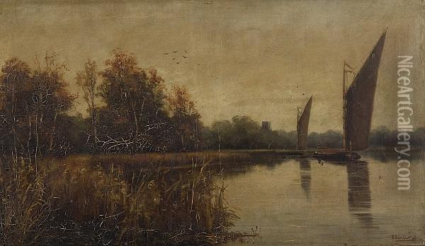 Wherries On The Broads Oil Painting - Percy Lionel