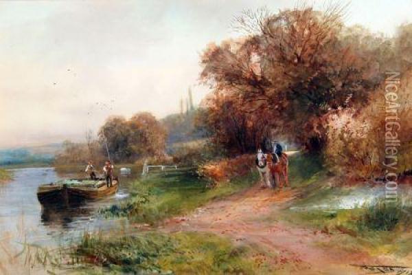 Figures And Barge On A River, Further Figure And Horses On Towpath Oil Painting - Henry Charles Fox