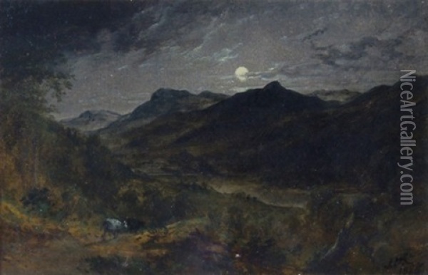 Moonlit Landscape With Cows Oil Painting - James Howe Carse