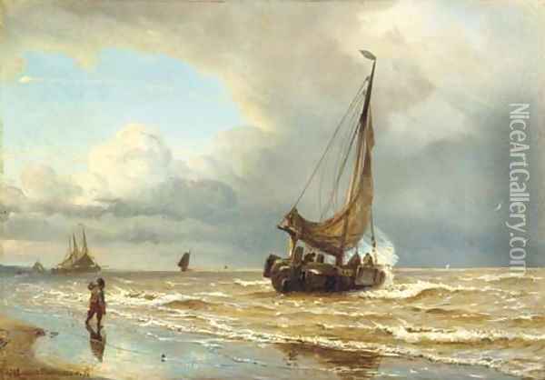 Sailing vessels in the surf Oil Painting - W.A. van Deventer