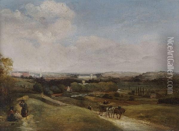 Winchester From The Compton Road, Signed, Oil On Board Oil Painting - Richard Augustin Baigent