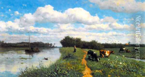 Cows Grazing Near a Canal, Schiedam Oil Painting - Willem Roelofs