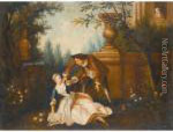 A Scene Galante With A Courting Couple In A Garden Oil Painting - Nicolas Lancret