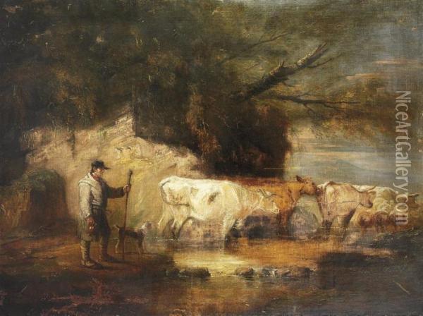 A Herdsman Droving Cattle And Sheep In A River Landscape Oil Painting - Benjamin Barker Of Bath