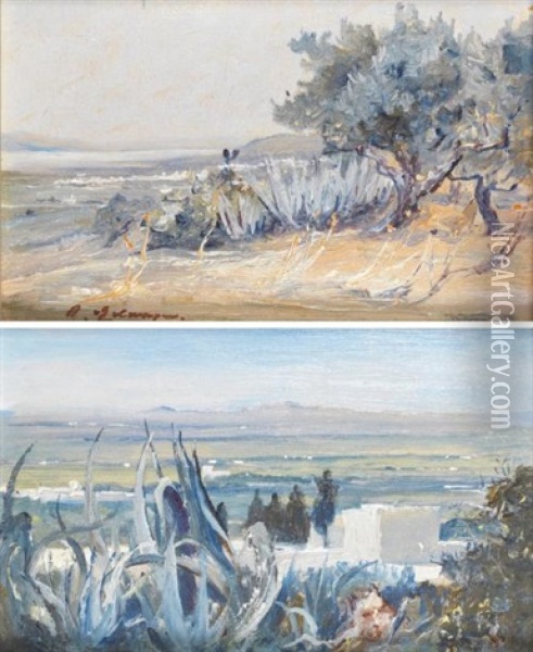 La Marsa Vue De Sidi Bou Said (+ La Plaine De Carthage Vue De Sidi Bou Said; 2 Works) Oil Painting - Baron Rodolphe d' Erlanger