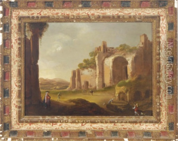 An Italianate Landscape With Figures Amongst Ruins Oil Painting - Charles Cornelisz de Hooch