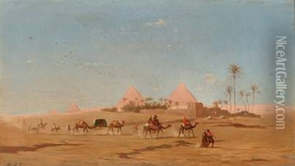 Bedouins On Their Camels Passing The Pyramids, Egypt Oil Painting - Andreas Christian Riis Carstensen